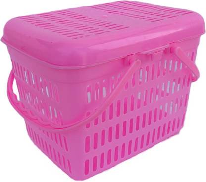 AtoZ Plastic Multi Utility Picnic Basket/Fruit Basket/Pet Basket Large (Pink) Storage Basket