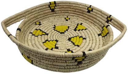 Maatir Borosilicate Glass Hand Woven Sabai Grass Leopard Patterned Tray/Basket with Handles Storage Basket