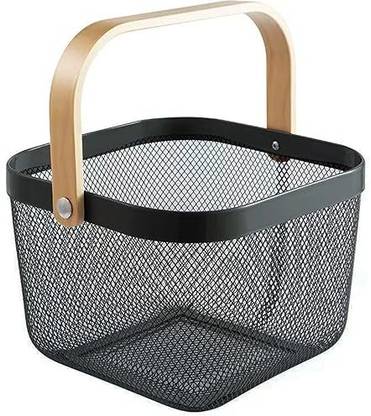 Pixelcart Brass Metal Wire Basket With Handle Storage Basket