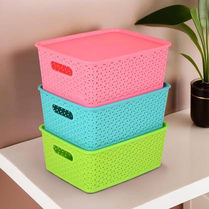 KUBER INDUSTRIES Plastic 3 Pieces Medium Size Multipurpose Solitaire Storage Basket with Lid Storage Basket
