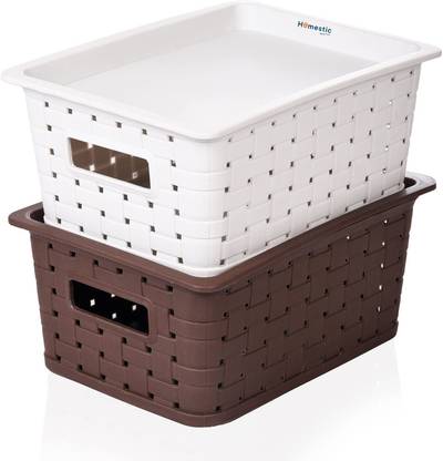 HOMESTIC Plastic BPA Free Multipurpose Small Trendy Storage Basket With Lid|Brown,Grey|Pack of 2 Storage Basket