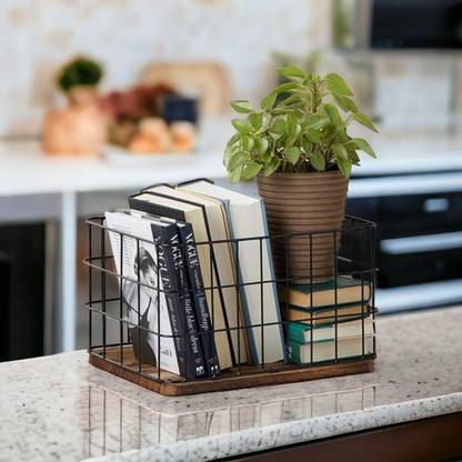 Viceverse Iron Wire Storage Basket With Wooden Base -Metal Basket Organizer Storage Basket
