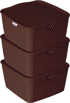 Heart Home Plastic Netted Design|Square Shape PlasticStorage Baskets with lid Medium Packof 3(Brown Storage Basket