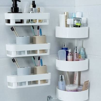 Qrex Pack Of 6 ABS Plastic Multiperurpose Home Kitchen Bathroom Accessories Traceless Self Adhesive Wall Mounted Bathroom Shelves And Triangle Corner Self Stick for Shampoo; Conditioner Shower Caddy Rack Shelf with Strong Adhesive Magic Sticker (3 Bathroom + 3 Triangle Corner holder,WhiteColour)