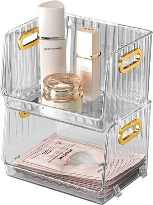 K.B.SALES Cosmetic Storage Bins with Open Front Golden Handles Stackable Storage Box