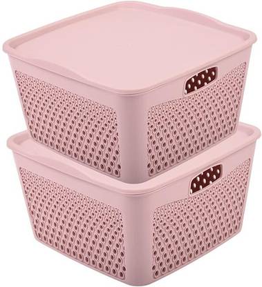 HOMESTIC Plastic Square Shape Plastic Storage Baskets with lid Medium Pack of 2 (Grey) Storage Basket