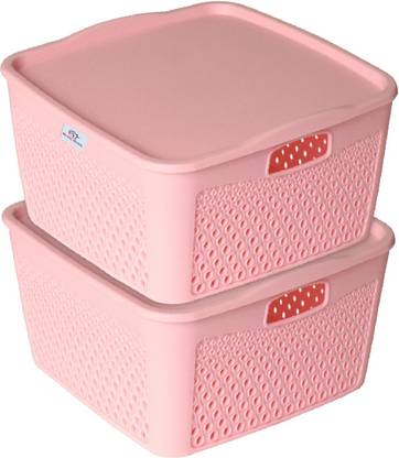 Heart Home Plastic Netted Design|Square Shape Plastic Storage Baskets with lid Medium Packof 2(Pink Storage Basket