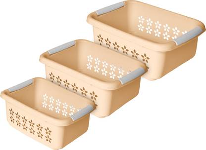 KUBER INDUSTRIES Plastic Rectangle Plastic Basket, Organizer Small, Medium, Large Packof 3(Beige) Storage Basket