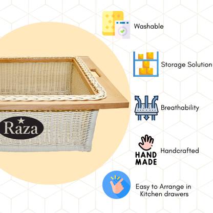 RAZA Wooden PVC Wicker Basket Modular Kitchen Pull Out Basket for Onion, Potato 19x20x8inc Storage Basket