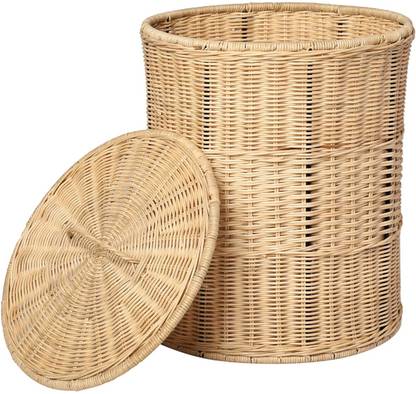 wudflex Wooden round laundry storage basket with lid,cane laundry basket Storage Basket