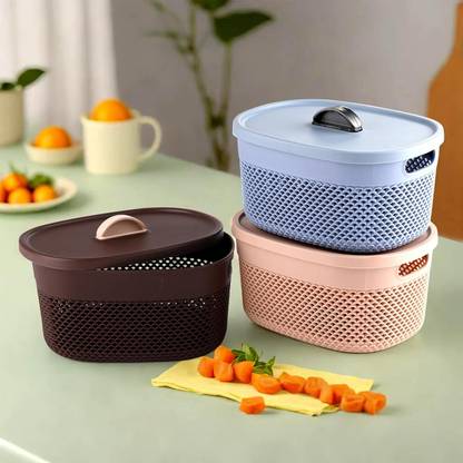 KUBER INDUSTRIES Plastic Large Storage Baskets with lid|Design-Netted|Shape-Oval|Brown,Beige&Grey|Packof3 Storage Basket