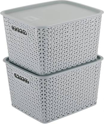 KOLORR Plastic Premium Elite Baskets Large with 2 Lids - Daiso Grey Storage Basket
