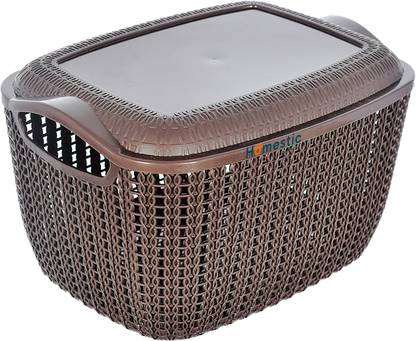 HOMESTIC Plastic Multipurposes Large M 30 Plastic Basket With Lid (Brown) Storage Basket