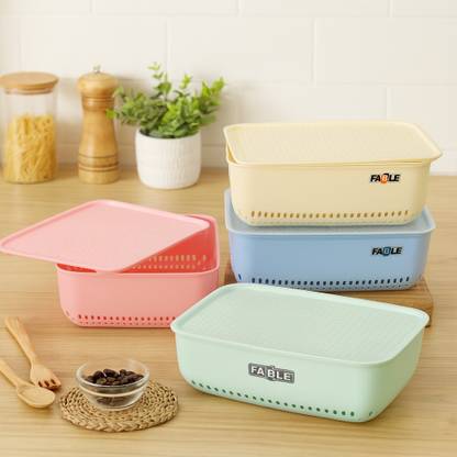 Nabhya Plastic Combo Of 4 Small Multipurpose Basket Storage With Lid Plastic for Home Kitchen Storage Basket