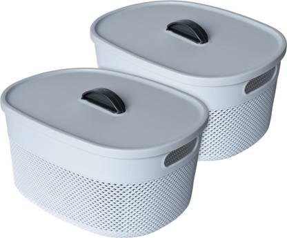 KUBER INDUSTRIES Plastic Unbreakable Small StorageBaskets with lid|Design-Netted|Shape-Oval|Grey|Packof 2 Storage Basket