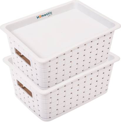HOMESTIC Plastic BPA Free Multipurpose Small Trendy Storage Basket With Lid|Gray|Pack of 2 Storage Basket