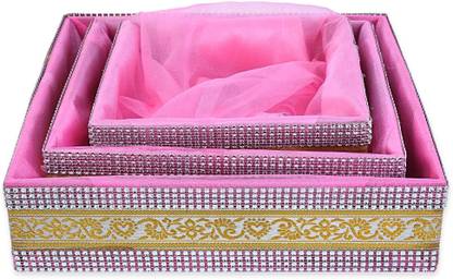 LINE 'N' CURVES Wooden Decorative Square Empty Basket, Wedding Engagement Gift Packaging Hamper Tray Storage Basket