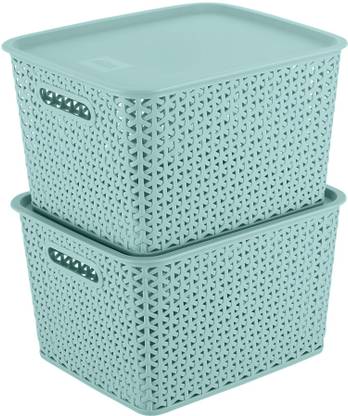 KOLORR Plastic Premium Elite Baskets Large with 2 Lids - Mint Green Storage Basket