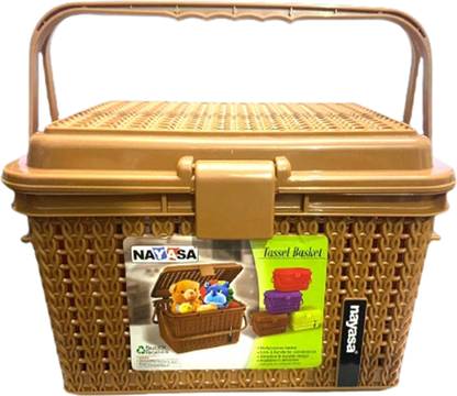 Mannat Plastic Multipurpose Brown Small Size Storage Basket with Handle & Lid For Puja,Cosmetic Storage Basket