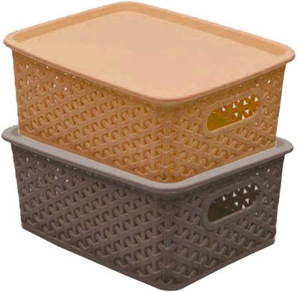 HOMESTIC Plastic Plastic 2 Pieces Big Size Multipurpose Solitaire Storage Basket with Lid (Multi) Storage Basket
