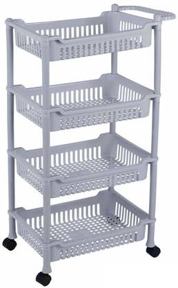 3ड मेट्रो सुपर स्टोर 4 Layer Plastic Storage Basket With Wheel & Handel Multipurpose Kitchen Rack स्टोरेज बास्केट
