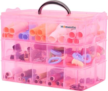 HOMESTIC Plastic 3-Tier Storage Box|30 Grid Beads Storage Box with Swing Button|Pink Storage Box