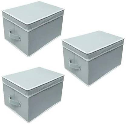 uhi Non-Woven Solid Foldable Storage Box/Bin Organizer Multi-Utility Wardrobe Organiser with Lid & Handles, For Kids, Books, Magazines, Clothes (Combo of 3)