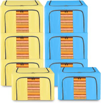 KUBER INDUSTRIES Storage Box Pack of 8 Steel Frame 66 Liter Parachute Storage Box | Sky Blue & Yellow Cloth Storage
