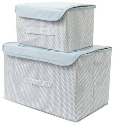 crafty craft Combo of 2 Foldable Fabric Storage Organizer Boxes with Lids Collapsible Space Saving Organizer for Clothes, Toys Durable Non-Woven Material with Handle – Large & Small Size