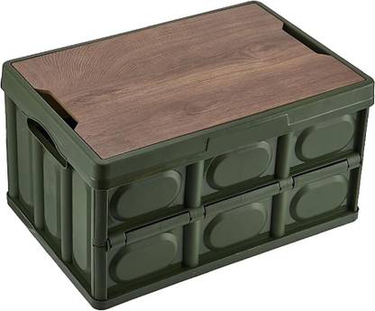 HOUSE OF QUIRK Folding Storage Bins with Wood Lid,Collapsible-55Litre-52LX35.5WX28.5H Cm Storage Box