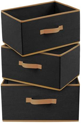 justsmartkart Multipurposes Rectangular Foldable Cloth Organizer with Handle Black,(PACK OF 3) Storage Box