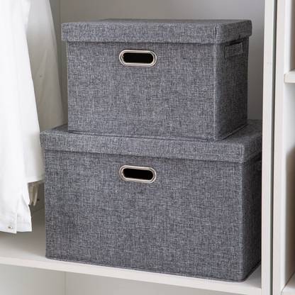 HOKiPO Polyester Linen Multipurpose Extra Large With Lid Pack of 2 Storage Box
