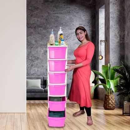 PARASNATH Boxo 6 Layer (Pink) Multi-Purpose Modular Drawer Storage System for Home and Office with Trolley Wheels and Anti-Slip Shoes Plastic Free Standing Cabinet