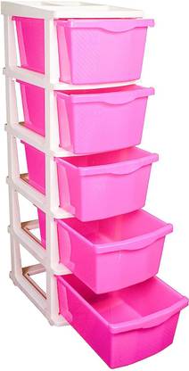 PARASNATH Boxo 5 Layer (Pink) Multi-Purpose Modular Drawer Storage System for Home and Office with Trolley Wheels and Anti-Slip Shoes Plastic Free Standing Cabinet