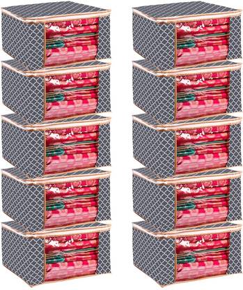 NESTIFY Saree Cover Cloth Storage Box Non-Woven Material Foldable Transparent Saree Covers With Zip Clothes Organizer Storage Bags For Clothes Saree Bag Cloth Cover(PACK OF 10)