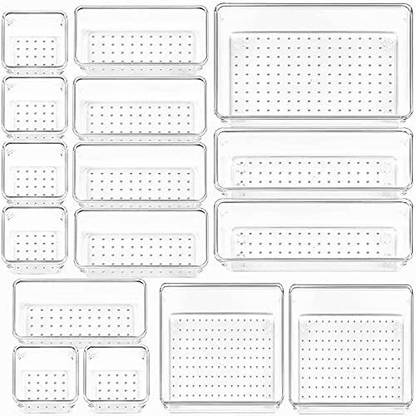 Zollyss 16 Compartments Plastic Desk Drawer Organizer Set 5-Size Bathroom Drawer Tray Dividers Versatile Storage