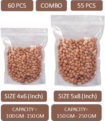 PAQEE Both Side Transparent Standy Zip Pouch - COMBO - Size 100Gm60PCS & 250Gm 55PCS Polypropylene Storage Pouch