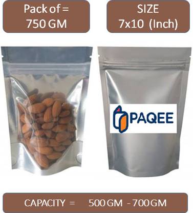 PAQEE One Side Silver Standy Pouch -Size - 7x10 -750 GM - 70 PCS Polypropylene Storage Pouch