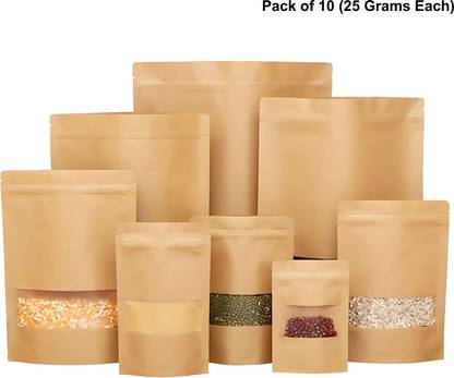 Velexe Brown Kraft Paper Zip Lock Stand Up Storage Pouches | 90mm*130mm | Paper Storage Pouch