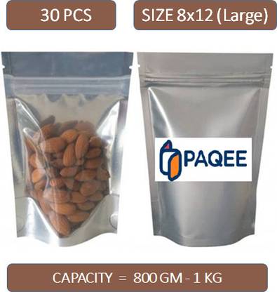Raga Plus One Side Silver One Side Transparent Standy Pouch 8x12 (Capacity 800GM - 1KG) Polypropylene Storage Pouch