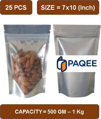 PAQEE One Side Silver, One side Transparent Standy Pouch (7x10, 600 Gm- 1 Kg) (25 Pcs) Polypropylene Storage Pouch