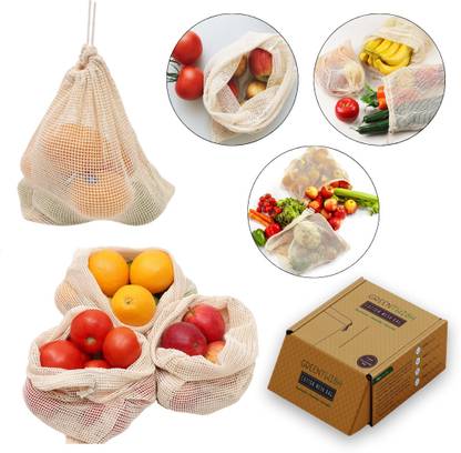 GreenTwish 100% Cotton Mesh Vegetable Fruit Fridge Storage Grocery Bag, Washable, Reusable Cotton Storage Pouch