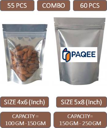 PAQEE One Side Silver Standy Zip Pouch-COMBO-Size 100Gm (70PCS) & 250Gm (45 PCS) Polypropylene Storage Pouch
