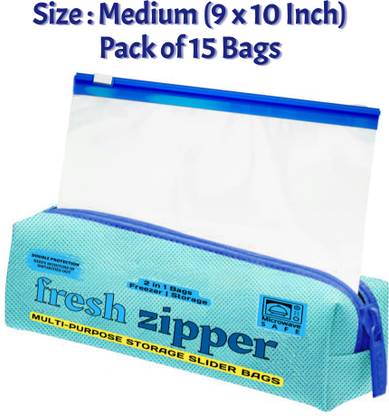 Fresh Zipper Multi-Purpose Ziplock Storage Slider Bags | Size : Medium (9 x 10 Inch) | Plastic Storage Pouch