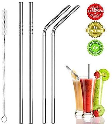 SKOLL Stainless Steel Reusable Metal Straw, Set of 4(2 Straight+2 Bent)+Cleaning Brush