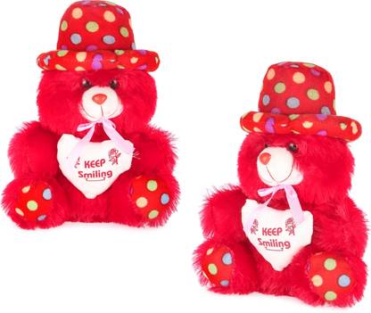 Topgrow Soft Teddy Bear Cap Style with Heart Multicolour Red Set of 2 (12 inch)  - 12 inch
