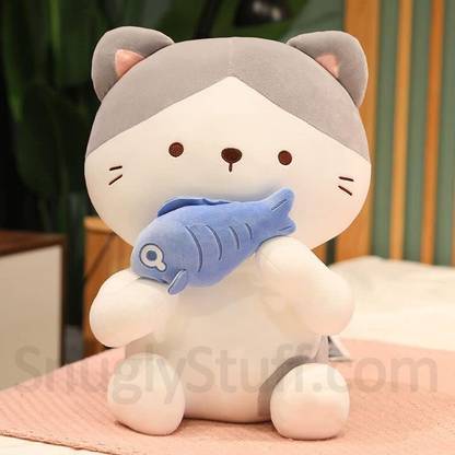snuglystuff Cute Cat Holding Fish Stuffed Soft Animal Toys Kawaii Plushie Gift for Children  - 35 cm