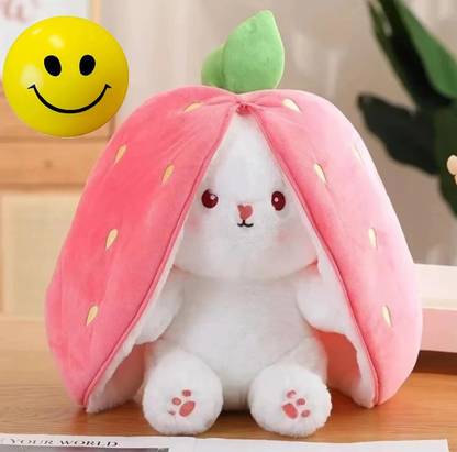 Gking Trending Reversible Rabbit - Strawberry Bunny Soft Toy With Smiley Ball Combo  - 32 cm