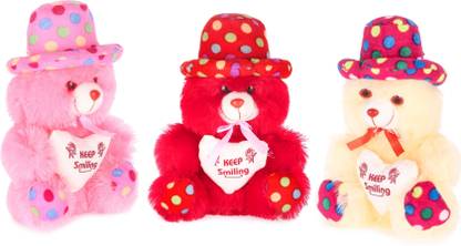 Topgrow Soft Teddy Bear Cap Style with Heart Multi-colour Set of 3 (12 inch)  - 12 inch