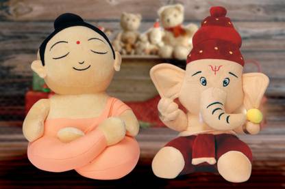 UWU TOYS Devtas Bundle musical Mantra Buddha Plush Toy + Musical Mantra Ganesha Plush Toy  - 26 cm